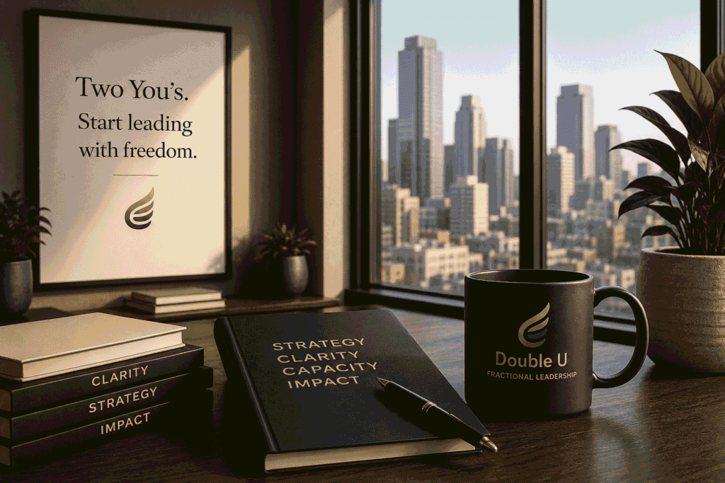 Double U fractional leadership workspace featuring the “Two You’s. Start leading with freedom.” leadership message for founders and growing businesses.