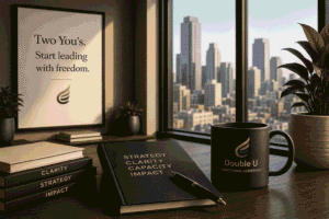 Double U fractional leadership workspace featuring the “Two You’s. Start leading with freedom.” leadership message for founders and growing businesses.