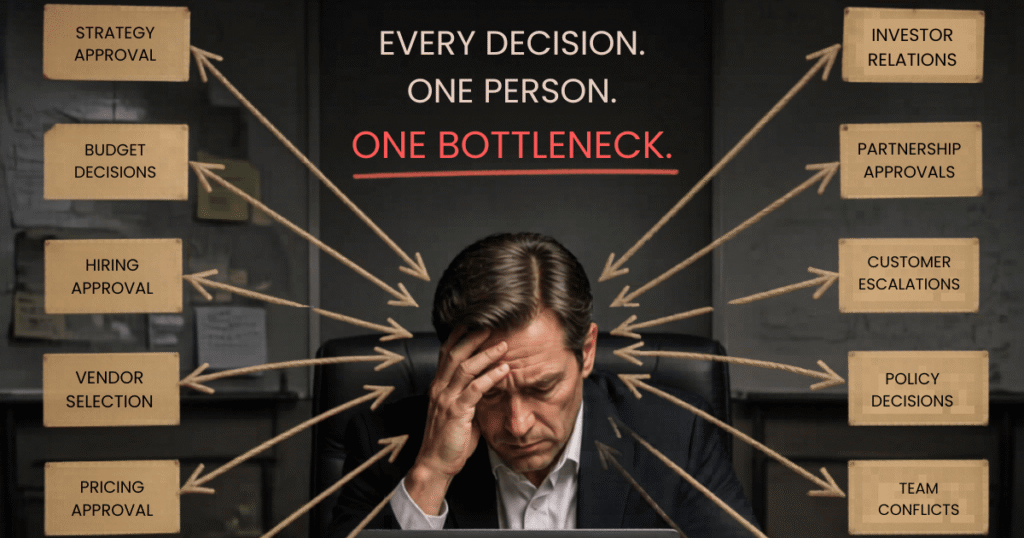 CEO at a desk with every decision routing through one person, illustrating CEO bottleneck.