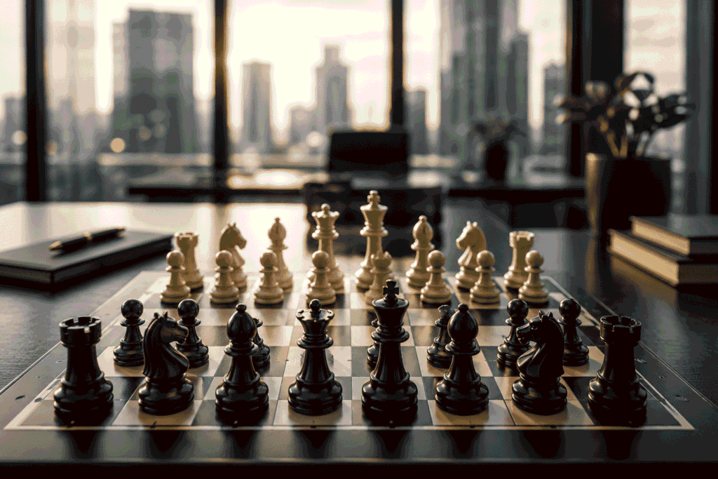 A strategic chessboard with every piece positioned for success, symbolizing a culture of accountability where people understand their roles and make confident decisions without constant oversight.