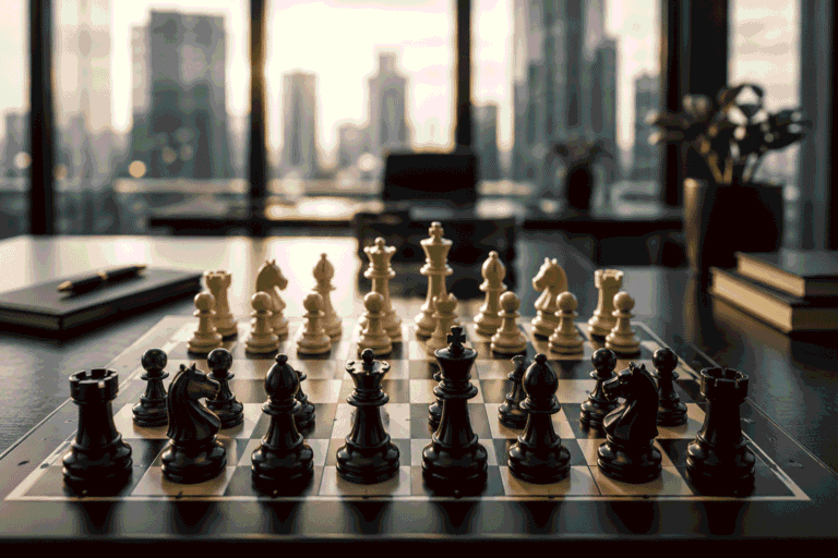 A strategic chessboard with every piece positioned for success, symbolizing a culture of accountability where people understand their roles and make confident decisions without constant oversight.