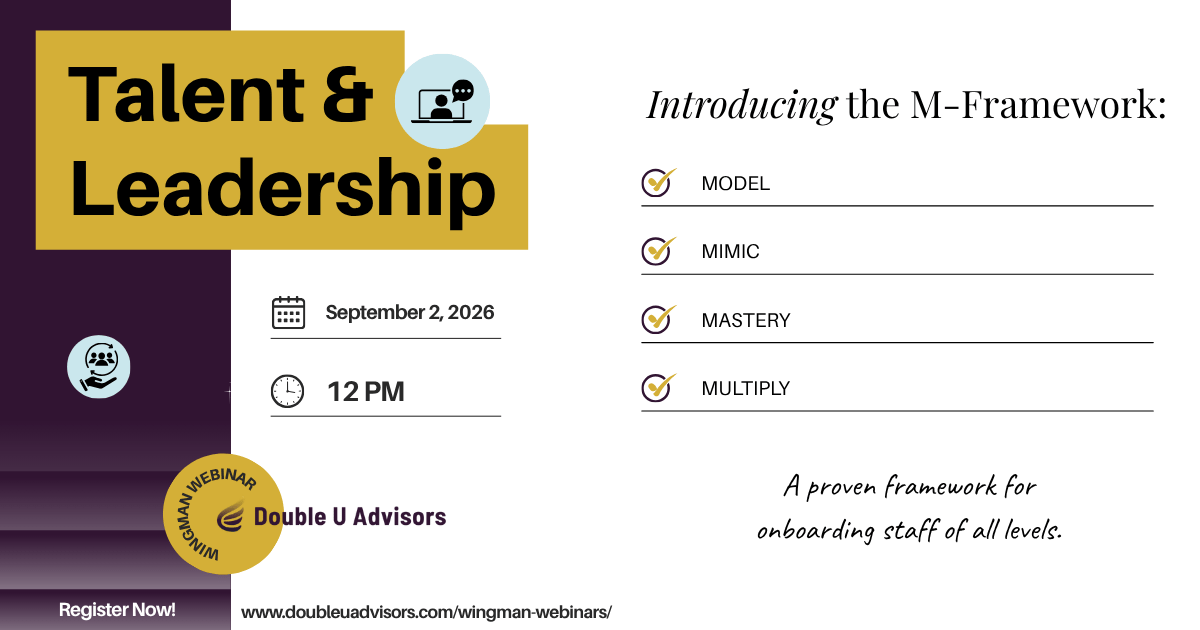 Promotional graphic for Double U Advisors’ Talent & Leadership Wingman Webinar introducing the M-Framework: Model, Mimic, Master, Multiply, on September 2, 2026 at 12 PM.