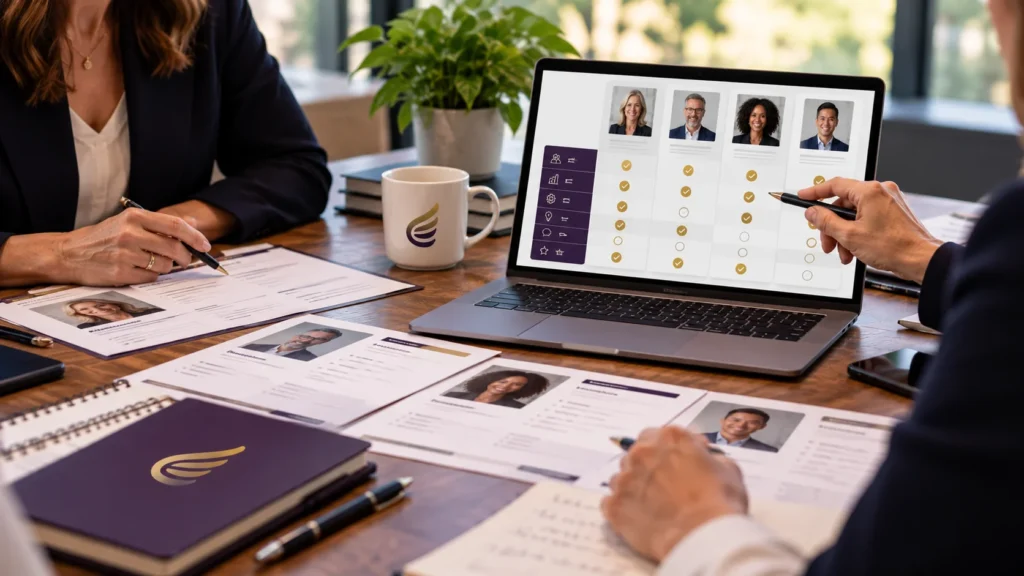 Double U Advisors team reviewing candidate profiles and an assessment matrix to evaluate fractional leaders based on experience, qualifications, and fit.