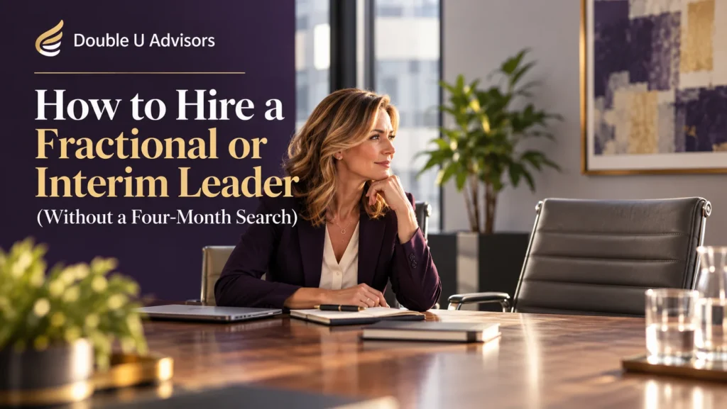CEO sitting beside an empty leadership chair in a boardroom, illustrating the need to hire a fractional or interim leader.