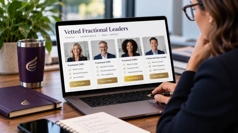 CEO reviewing a shortlist of vetted fractional leaders, including CMO, COO, CHRO, and sales executives, with Double U Advisors.